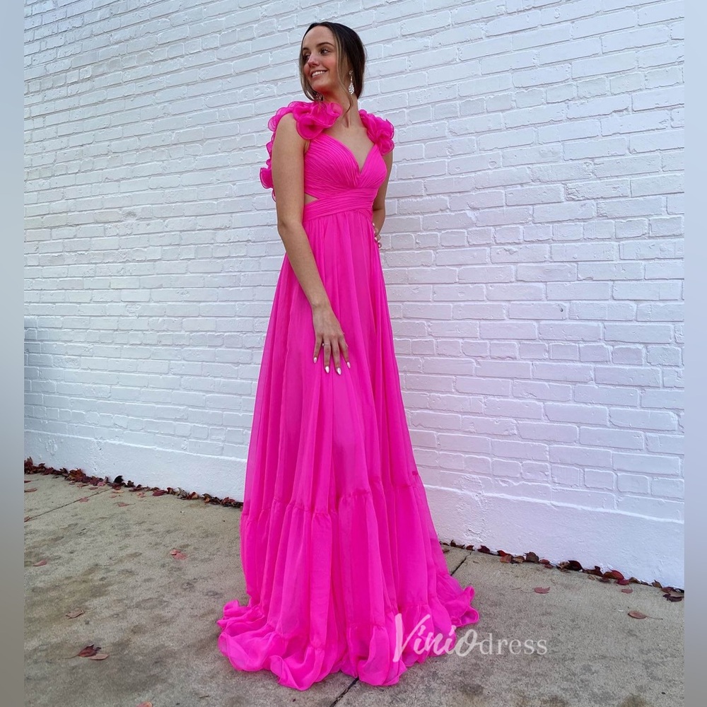 Fuchsia Pleated Chiffon Dress Crossed Tiered Strap